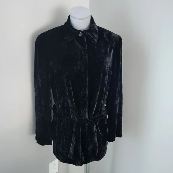 Vintage Y2K Jones New York Black Crushed Velvet Belted Jacket Sz 10 - Picture 6 of 11
